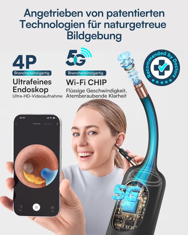 Detalle de BEBIRD EarSight Ultra 5G WiFi Ohrenreiniger & Pflegegerät mit flexibler Otoskop-Kamera (schwarz)