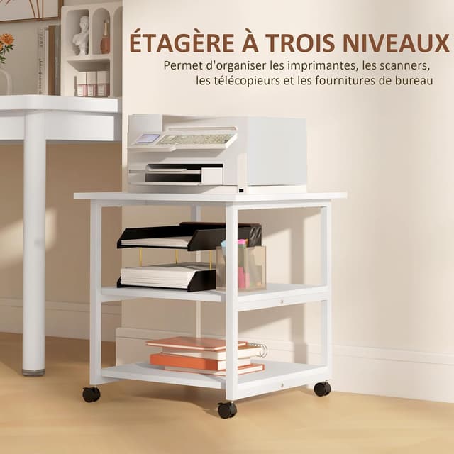 Detalle de HOMCOM support d’imprimante sur desserte mobile 3 niveaux (50 x 50 x 52,5 cm) blanc