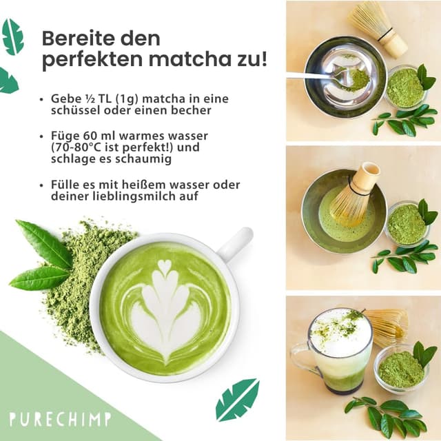 Detalle de PureChimp Ceremonial Matcha (100 g) – 100% reines Matcha-Pulver für Latte, Aufgüsse & Rezepte