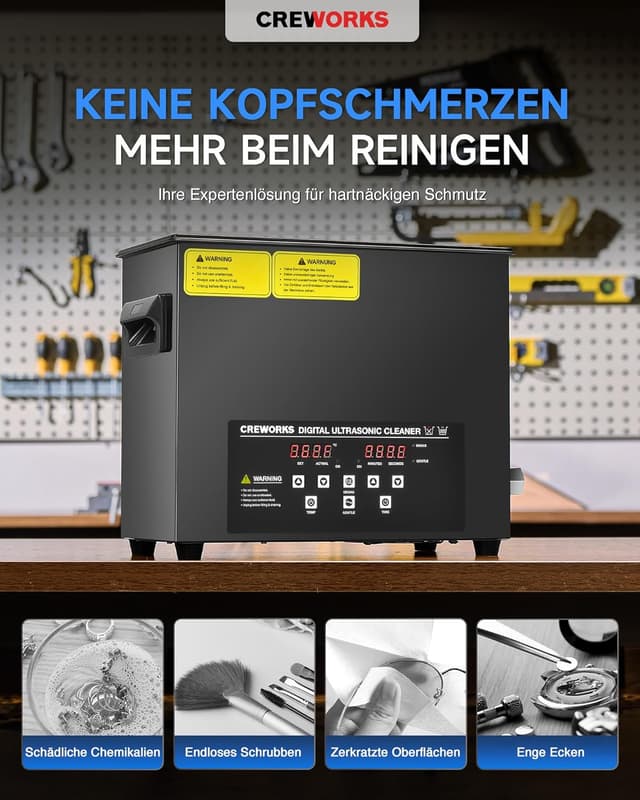 Detalle 2 de CREWORKS 6L Ultraschallreinigungsgerät mit Heizung, Entgasungsfunktion und Digital-Timer