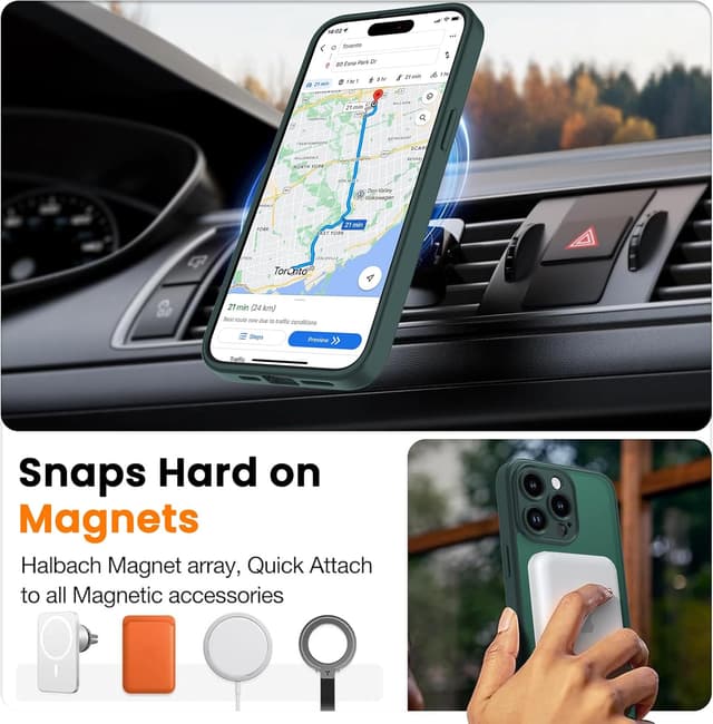 Detalle de BPOASE Magnetic Case for iPhone 15 Pro Max (with tempered glass screen protector) — Ultra Slim Matte Shockproof Dark Green