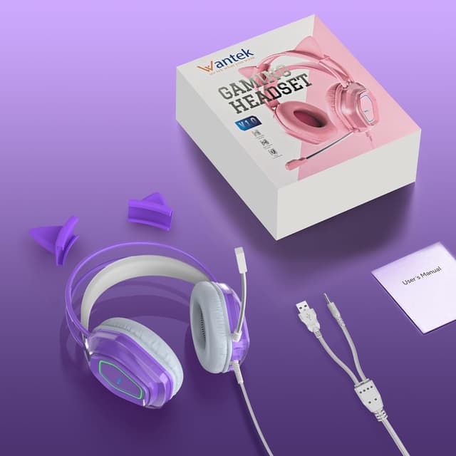 Detalle de Wantak Katzenohr Gaming-Headset mit Mikrofon (kabelgebunden) – 3,5mm/USB, Noise Cancelling, 20–20.000 Hz – Pink