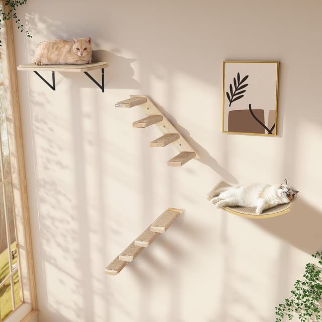 Detalle de Wall-mounted cat climbing set with shelves, sisal scratching mat and multi-step ladder
