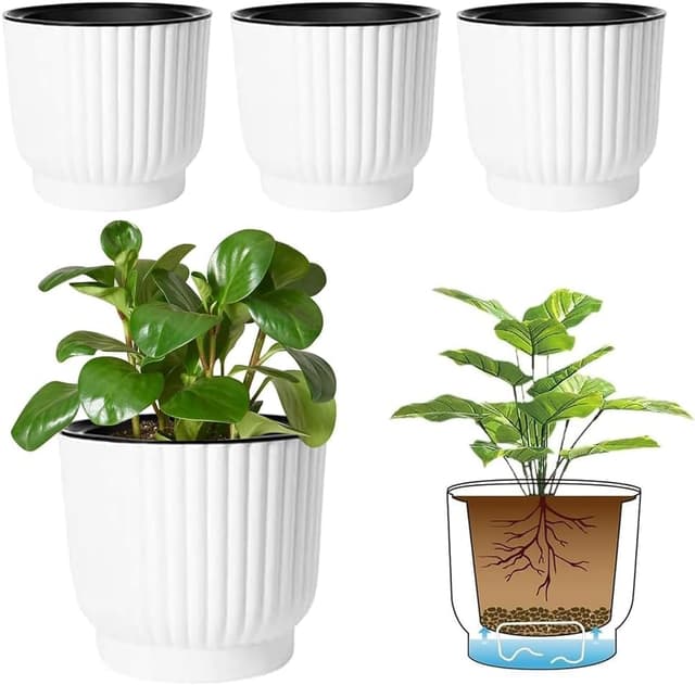 Detalle de T4U 18cm Self Watering Plant Pots (4 Pack) – Indoor self-watering planters with cotton rope wicking