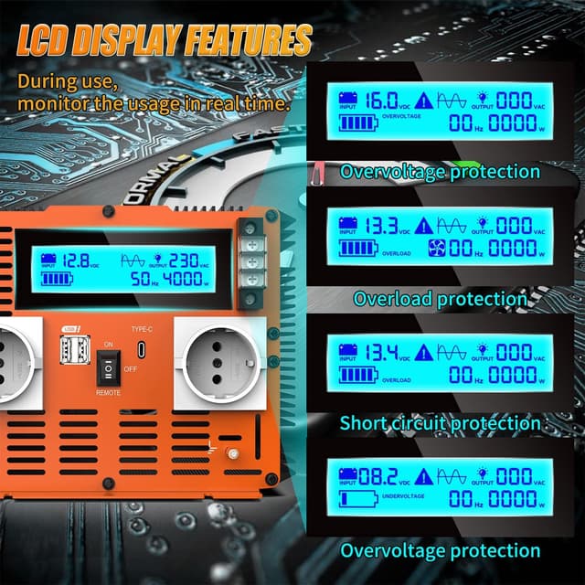 Detalle 2 de JARXIOKE Inverter 12V a 220V onda pura 4000W con telecomando, doppie prese AC e USB-C