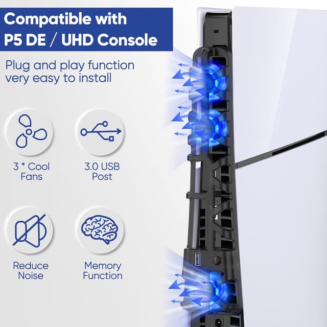 Detalle de FASTSNAIL Cooling Fan for PS5 Slim Console — Quiet 3-Speed System with Memory Function, LED Light and USB 3.0 Port