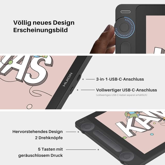 Detalle 1 de HUION Kamvas 13 Gen 3 Grafiktablett mit Display (13,3 Zoll, PenTech 4.0) – Anti-Glare Glas, 5 Drucktasten, Dual Dial