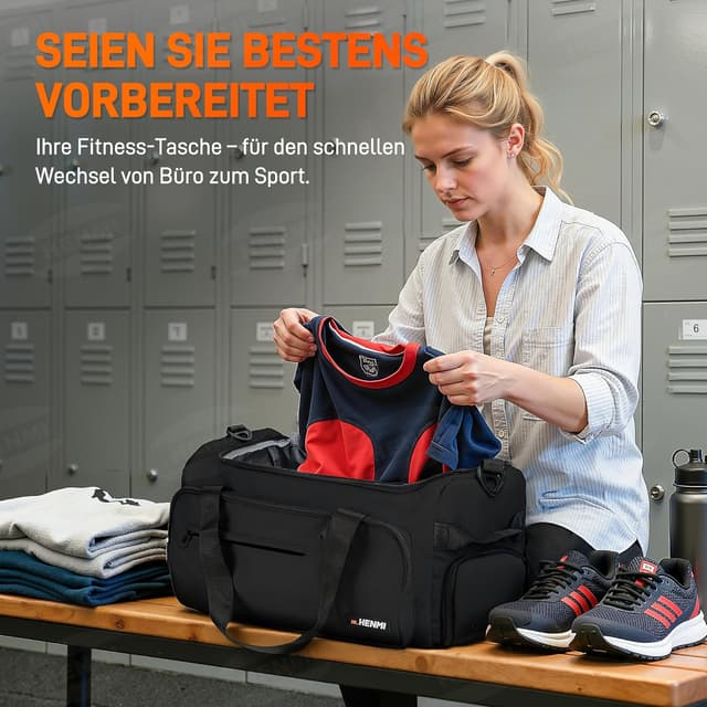 Detalle 2 de HENMI Sporttasche 43L Groß Schuhfach Nassfach Schwarz