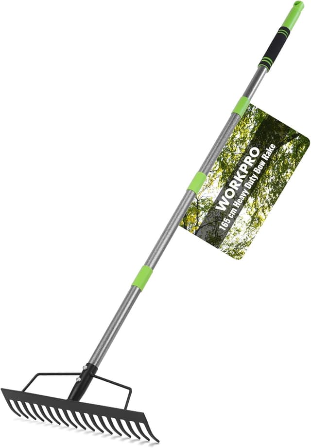Detalle de WORKPRO 165 cm Adjustable Garden Rake with 17 Metal Tines and Heavy-Duty Steel Handle