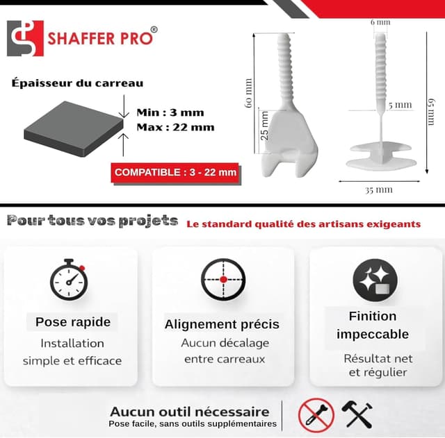 Detalle de Croisillons carrelage autonivelant 3 mm Shaffer pro (200 clips + 100 cadrans réutilisables) pour joints réguliers, 3 à 22 mm