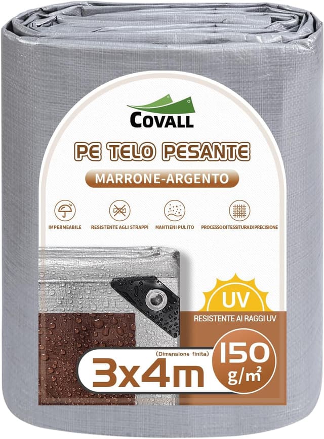 Detalle de COVALL Telone impermeabile 150g/㎡ 3×4 m (argento/marrone) con occhielli rinforzati