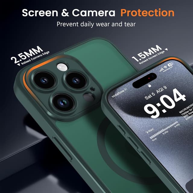 Detalle de BPOASE Magnetic Case for iPhone 15 Pro Max (with tempered glass screen protector) — Ultra Slim Matte Shockproof Dark Green