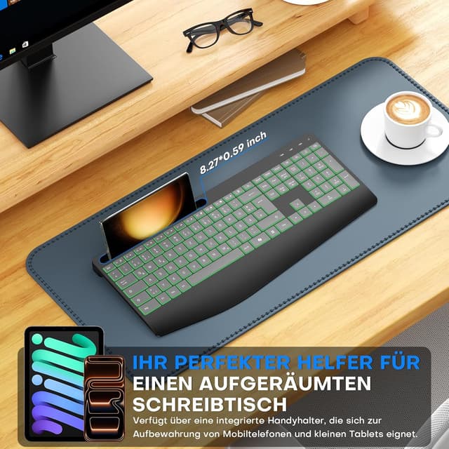 Detalle de OMOTON kabellose Tastatur mit Handballenauflage (2,4 GHz, QWERTZ) – wiederaufladbar, leise, mit 7 Farben Hintergrundbeleuchtung