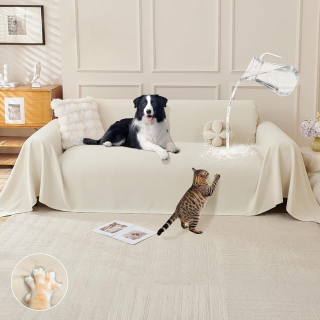 Detalle de Housse de canapé imperméable Royhom pour canapé d’angle 2 places, beige, 260x180 cm