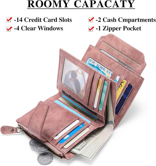 Detalle de SENDEFN Damen-Klein-Geldbörse mit RFID-Blockierung, 14 Kartenfächer & Münzfach (veganes Leder)