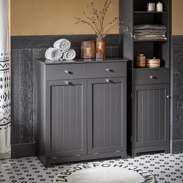 Detalle de SoBuy meuble salle de bain avec panier à linge, 2 tiroirs et grande capacité (gris, L78 x P38 x H90 cm)