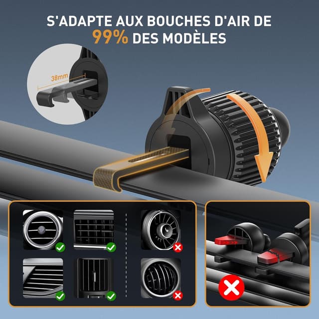 Detalle de YISH Porte téléphone voiture avec rotation 360° et fixation sur aérations (iPhone, Samsung, Google, etc.) – Noir
