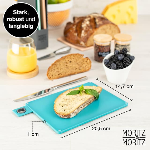 Detalle de Moritz & Moritz Set aus 4 Frühstücksbrettchen mit Ständer (20,5 x 14,5 cm) – spülmaschinenfest, bunte Schneidebretter aus Kunststoff