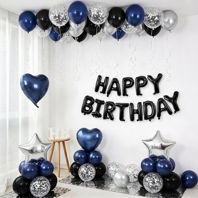 Detalle de Navy Blue & Black “Happy Birthday” Balloon Decoration Set with Silver Confetti Balloons