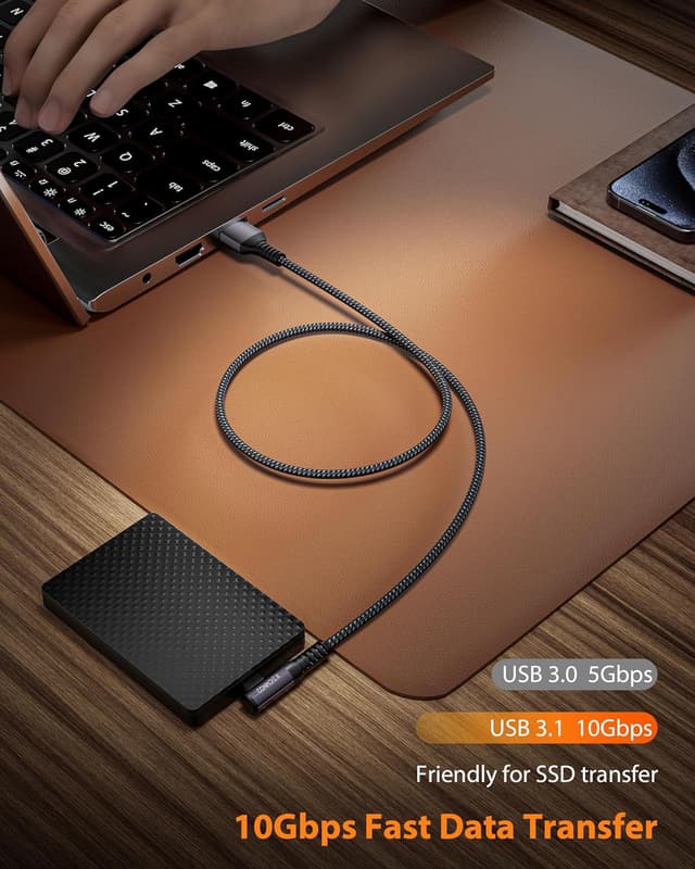 Detalle de CONMDEX USB to USB-C Right Angle Cable (20cm) — 10Gbps data transfer for Android Auto & CarPlay