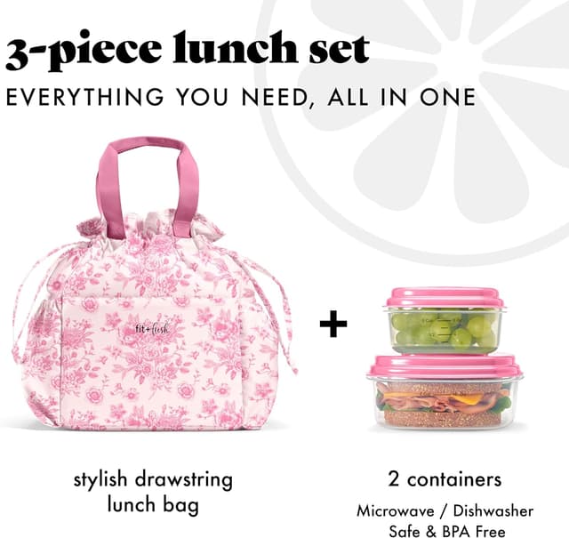 Detalle 2 de Fit & Fresh Cromwell Drawstring Lunch Bag Set for Women (Pink Floral Toile) with 2 Containers