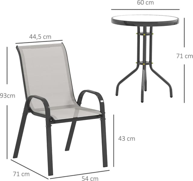 Thumbnail 6 de Ensemble Outsunny 3 pièces pour salon extérieur : 2 fauteuils empilables + table basse en verre trempé (gris clair)