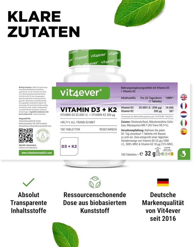 Thumbnail 5 de vit4ever Vitamin D3 20.000 I.E + Vitamin K2 200 µg MK7 Depot 100 Tabletten