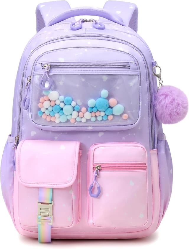 Detalle de Amythe Zainetto Bambina ergonomico riflettente 20L per scuola elementare e media (rosa-viola) con ciondoli