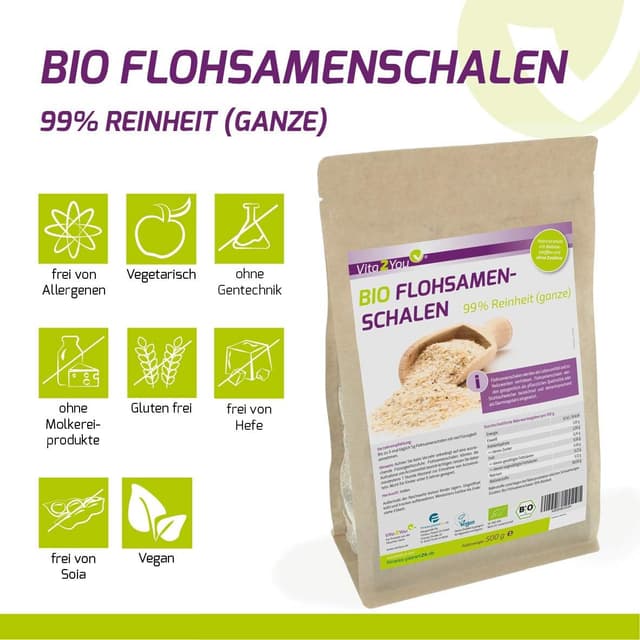 Detalle de Vita2You Bio Flohsamenschalen 99% Reinheit (500 g) – indische Psyllium-Schalen im Zippbeutel