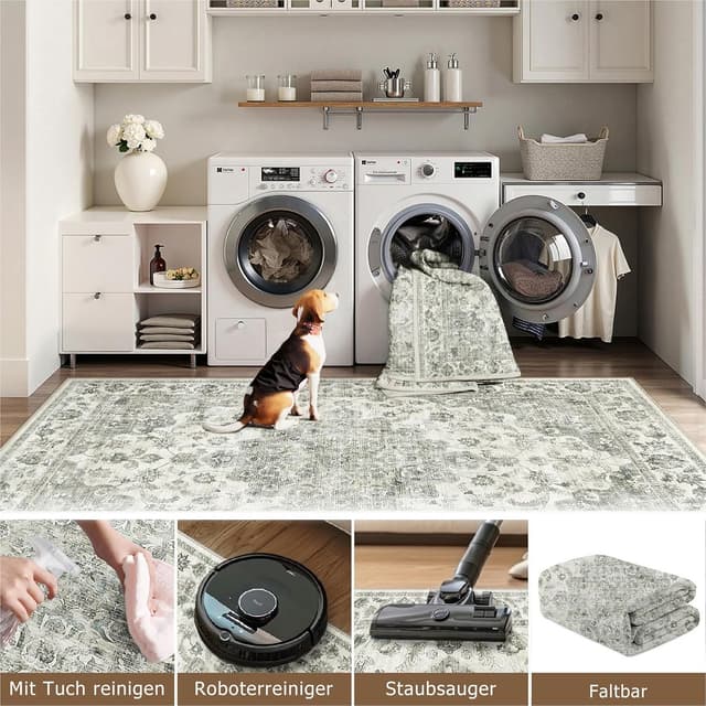 Detalle de HUGEAR Vintage grüner waschbarer Kurzflor-Teppich für Eingangsbereich & Bad, 60x90 cm