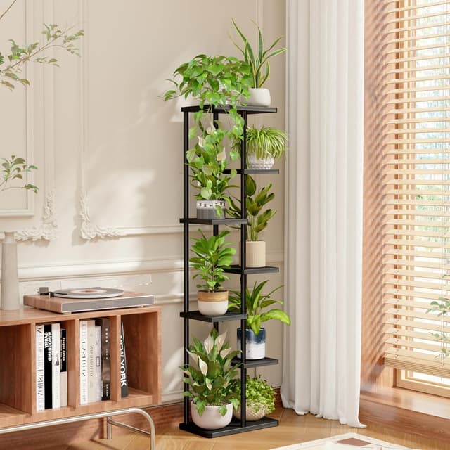 Detalle de Bamworld Porta Piante verticale per balcone e interni in metallo e legno, nero, 7 ripiani