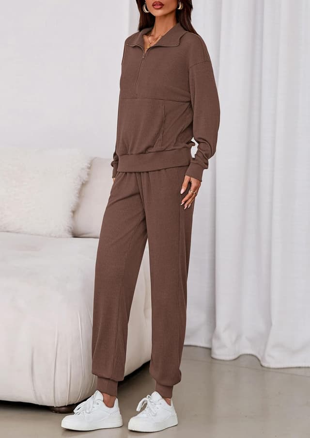 Detalle de PRETTYGARDEN Women’s Fall 2-Piece Lounge Set (Half-Zip Sweatshirt & Drawstring Jogger Pants)