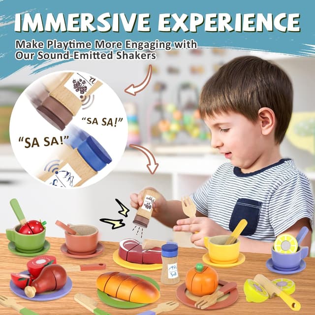 Detalle de Beberolen Wooden Toy Food Set for Kids Kitchen – tea party and pretend cooking dishes, plates and cutlery