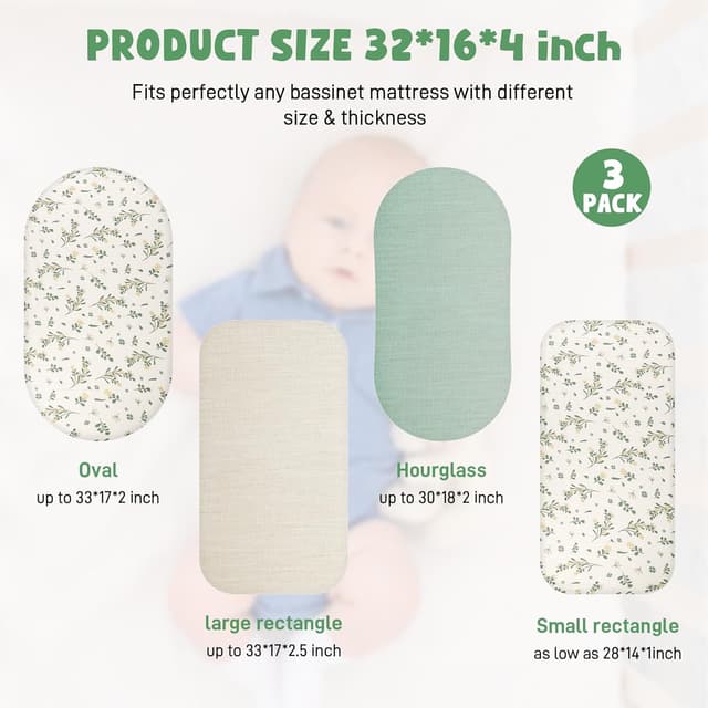 Detalle de Huiguli 3 Pack Moses Basket Sheets in 100% Muslin Cotton (83×43 cm) — breathable, elastic fit