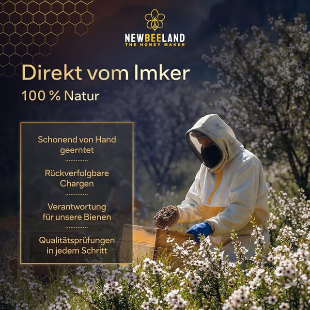 Detalle de NEWBEELAND Manuka Honig MGO 550+ (250 g) – lichtgeschütztes Glas, chargengeprüft