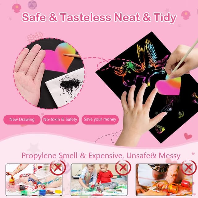 Detalle de Vicloon Kratzbilder Kinder Set (50 Blätter Regenbogen) mit 5 Holzstiften & 4 Schablonen