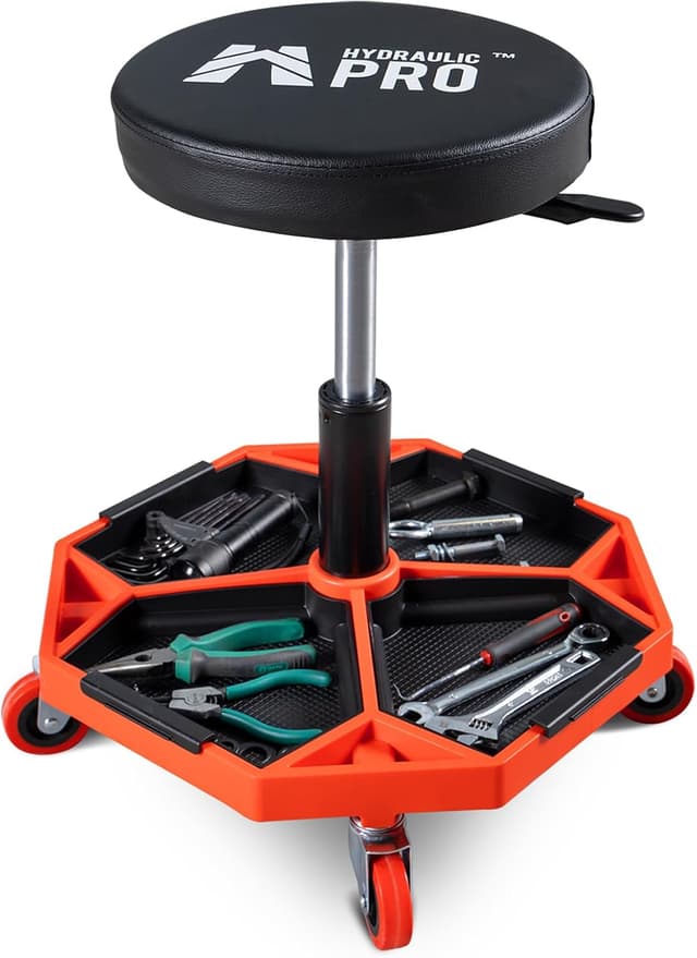 Detalle de HYDRAULIC PRO Adjustable Height Rolling Mechanic Stool (16.1–21.7 in) with Cushioned Seat and Tool Trays