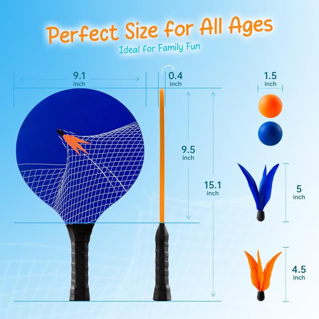 Detalle 2 de U&C Planet Beachball Set Paddle-Ball Spiel mit Holzschlägern – Set für Strand & Garten