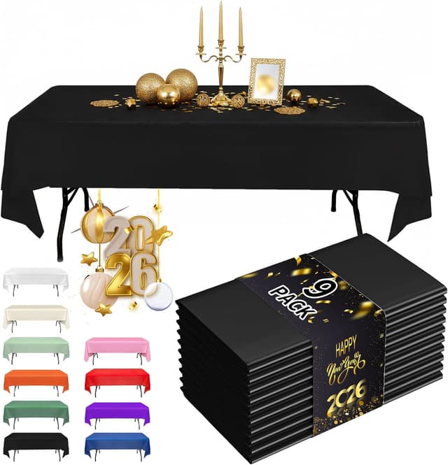 Detalle de Fixwal Disposable Plastic Table Cloths (9-Pack), 54 x 108 Inch Black Cover for Parties & Holidays