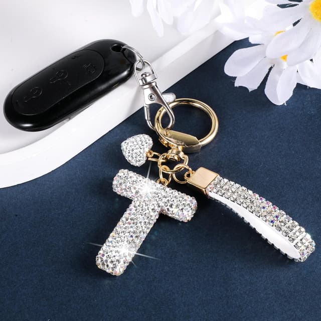 Detalle de MWOOT Glitzer-Schlüsselanhänger mit Buchstabe (Strass) – silberner Keychain mit Namens-Initial für Auto & Tasche