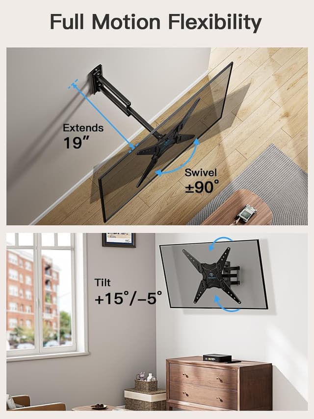 Detalle de PERLESMITH Full Motion TV Wall Mount (27–60 in) for Flat & Curved TVs — Single Stud, VESA up to 400x400mm