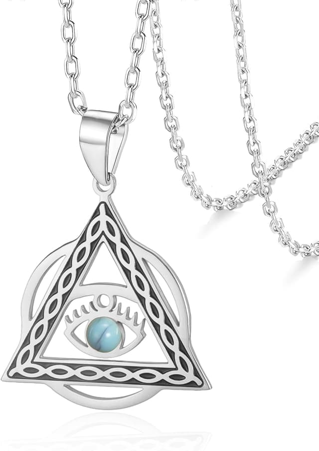 Detalle de VASSAGO Evil Eye Halskette mit dreieckigem Anhänger aus Edelstahl – Schutzsymbol für Damen & Herren