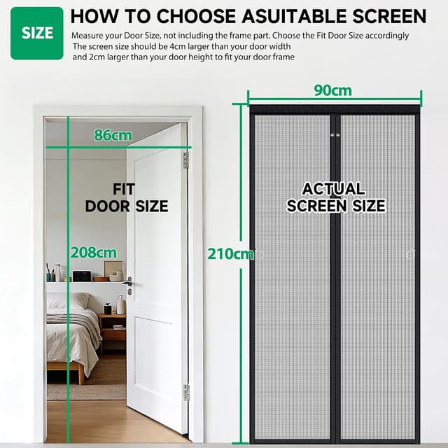Detalle de Magnetic Fly Screen Door (Full-Length Magnets) – No Gap Auto Closes, Fiberglass Mesh Curtain, 90 x 210cm, Black