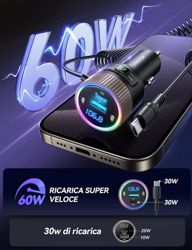 Thumbnail 3 de JOYROOM 2024 Trasmettitore Bluetooth 5.4 per auto 60W