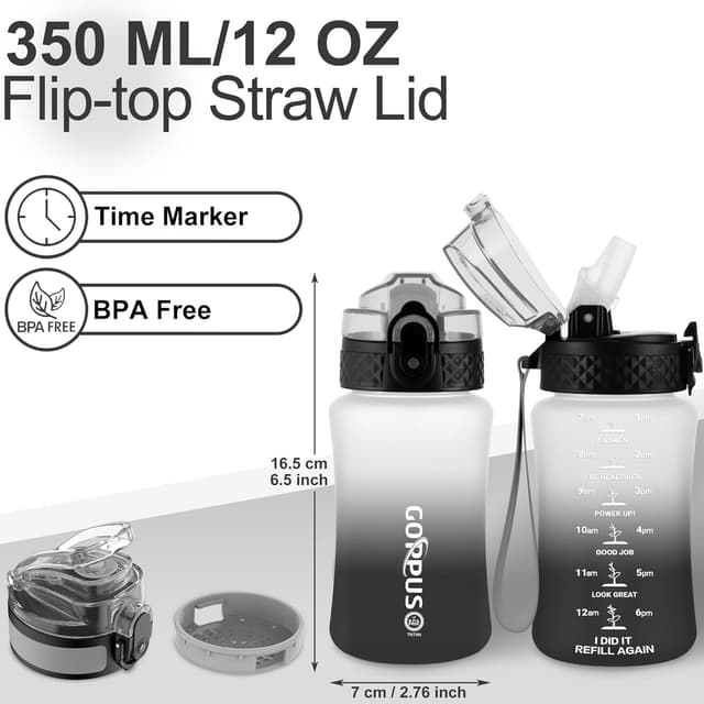 Detalle de GOPPUS 350ml Kids Water Bottle With Straw, Flip Top Lid & Strap (Tritan, BPA-free)