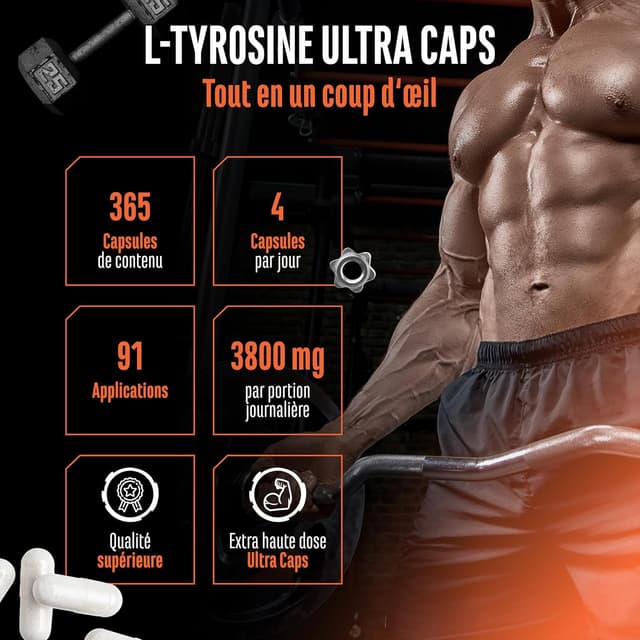 Detalle 2 de L-Tyrosine Ultra Caps – 365 gélules de L-tyrosine pure (950 mg) pour vos routines d’entraînement
