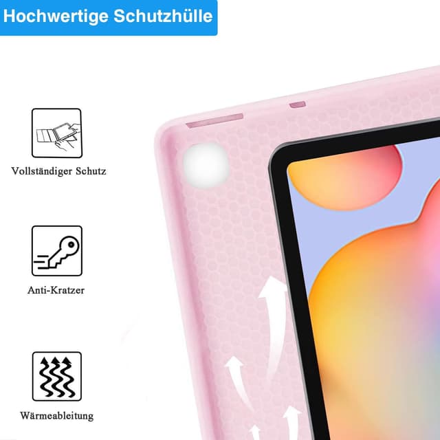 Detalle de COEZFE Hülle mit Tastatur für Samsung Galaxy Tab S6 Lite 10,4 Zoll (2024/2022/2020) in Rosa – mit Pencil-Halter und Bluetooth-QWERTZ