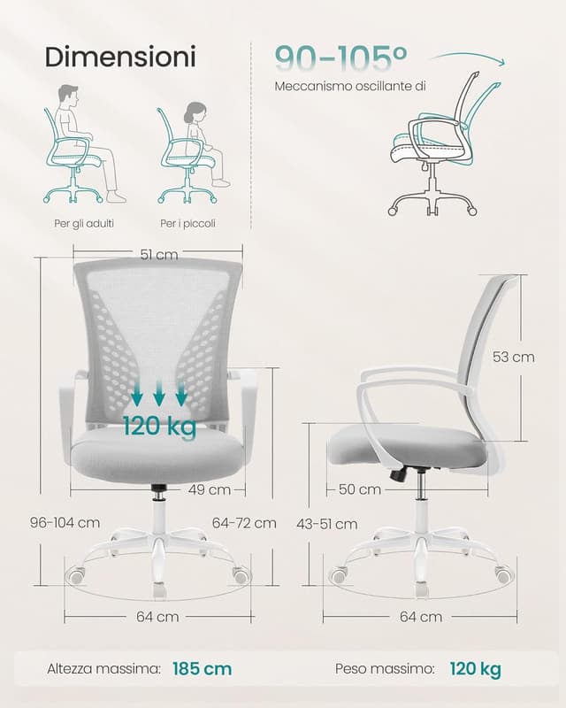 Detalle de SONGMICS Sedia da Ufficio girevole OBN022GD01 con seduta e schienale in rete