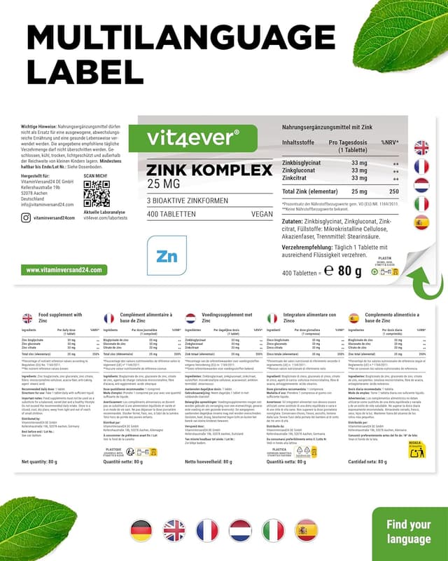 Detalle 2 de vit4ever Zink Komplex 25 mg – 400 Tabletten (3 bioaktive Zinkformen, vegan)