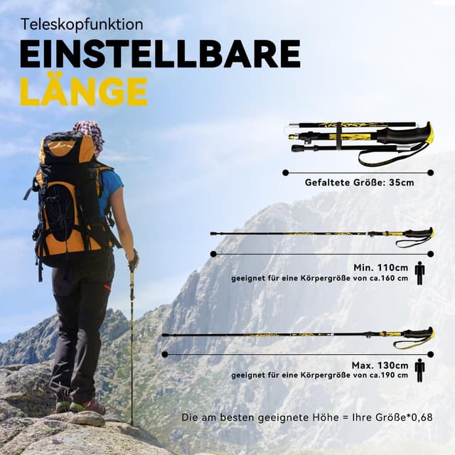 Detalle de DOBESTS Wanderstöcke für Nordic Walking: faltbar & verstellbar (110–130 cm) mit Gummipuffern und Tasche